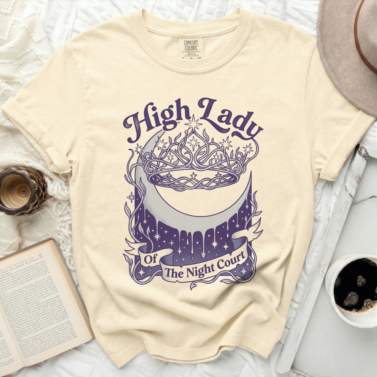 Cream t-shirt with "High Lady Of The Night Court" text and crescent moon design.