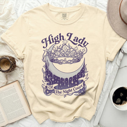 Cream t-shirt with "High Lady Of The Night Court" text and crescent moon design.