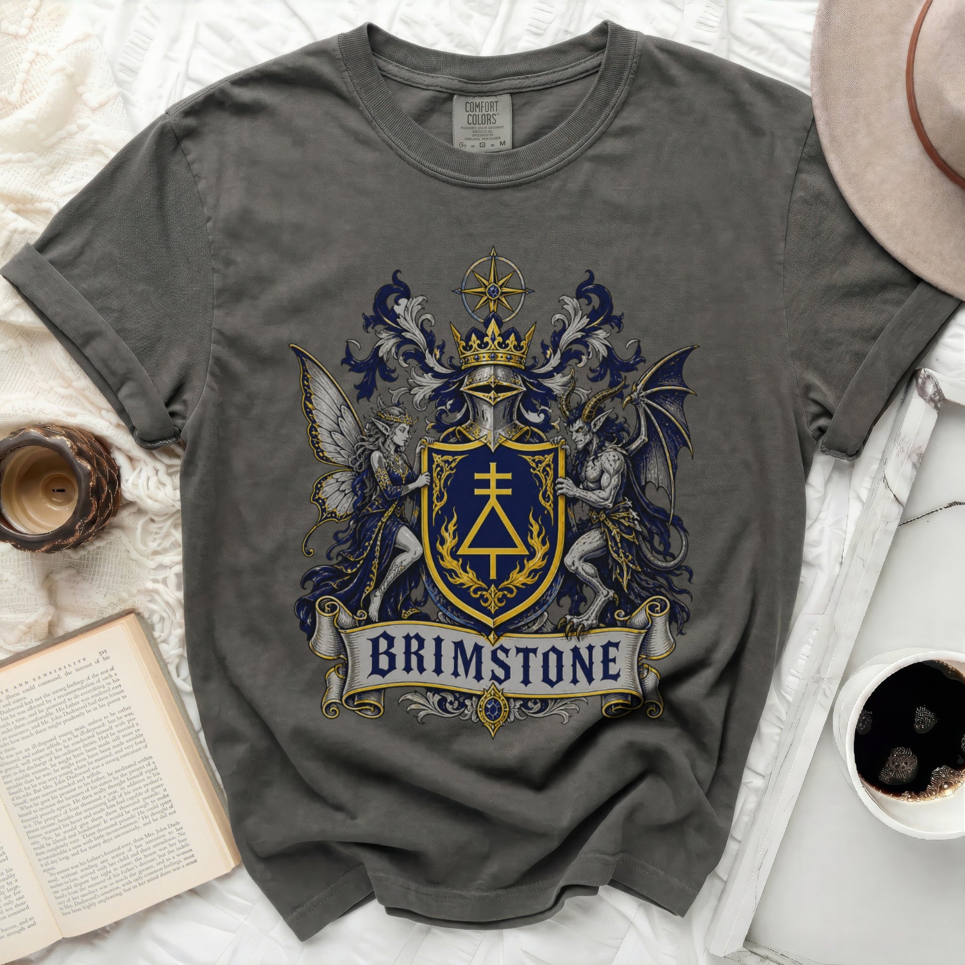 Gray t-shirt with a crest featuring a dragon, fairy, and banner reading "BRIMSTONE".