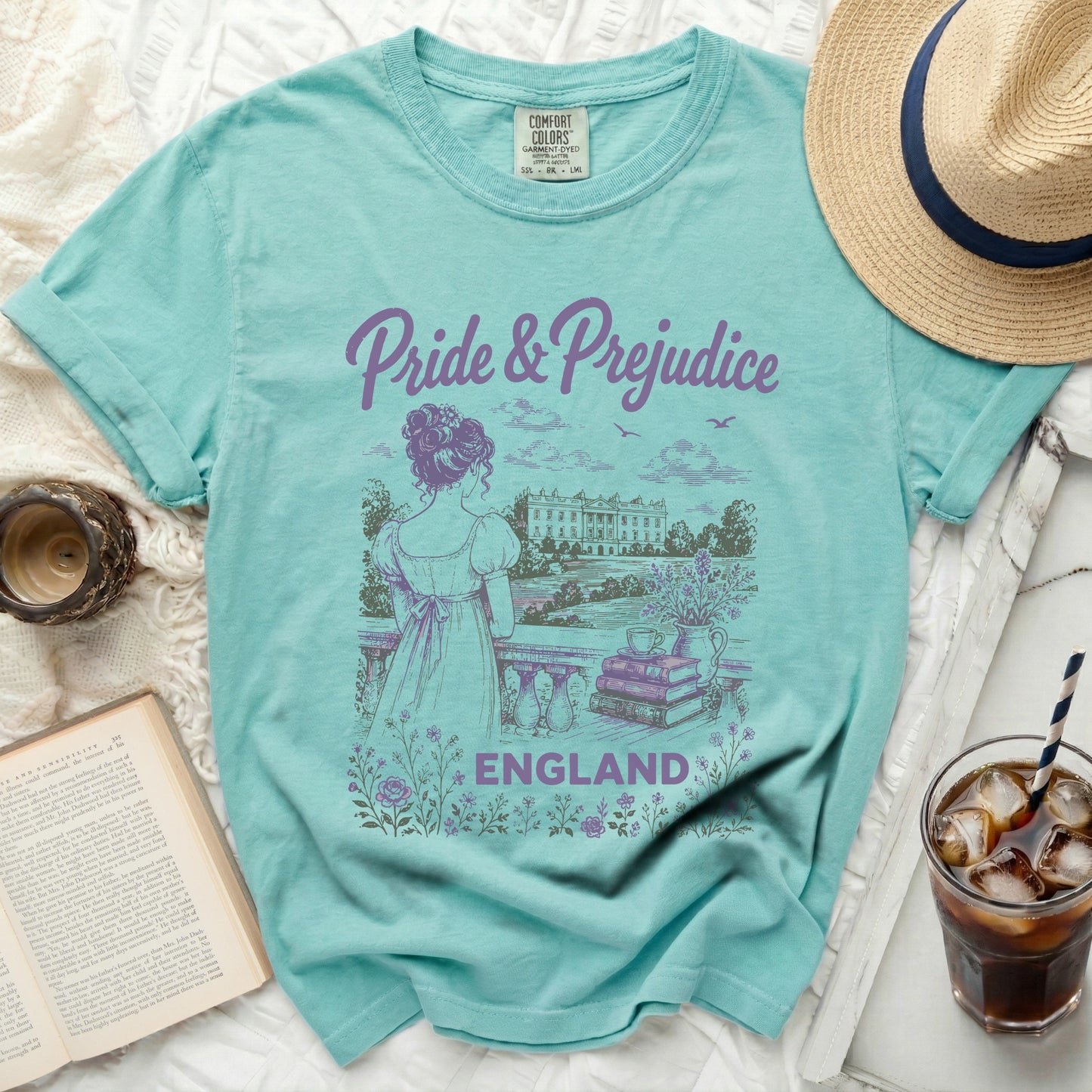 Teal t-shirt with Pride & Prejudice graphic and "England" text.