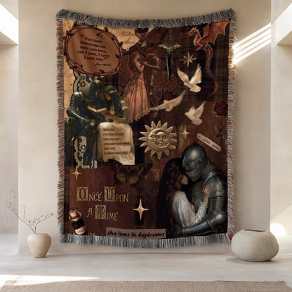 The image is a tapestry hanging on a wall, featuring various scenes and objects such as a knight in armor, a couple embracing, and other decorative elements.