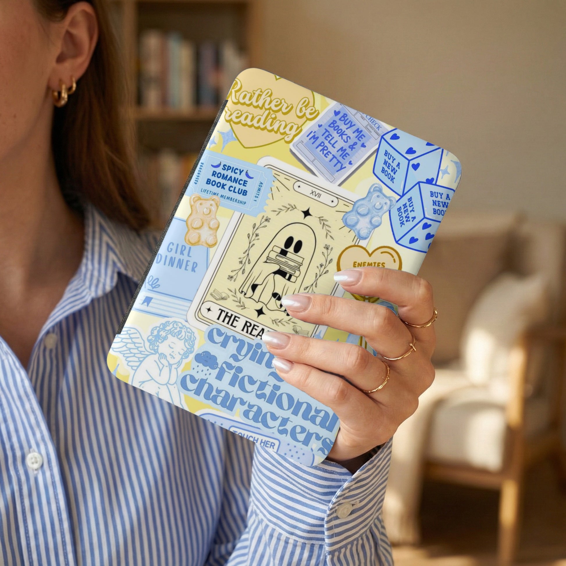 Book cover with "Rather be reading" and tarot card-style ghost holding books.
