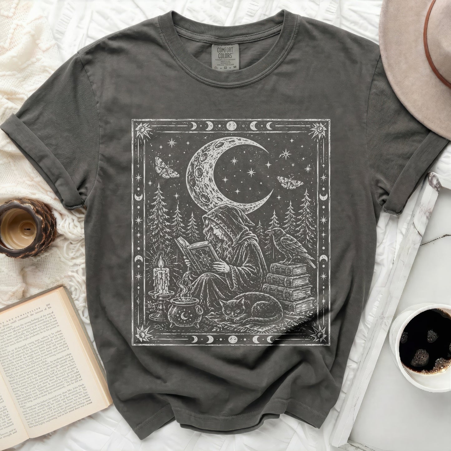 Dark gray t-shirt with a mystical celestial print of a moon and wizard.