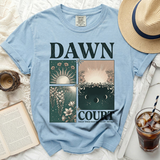 Light blue t-shirt with "DAWN COURT" and a four-panel graphic.