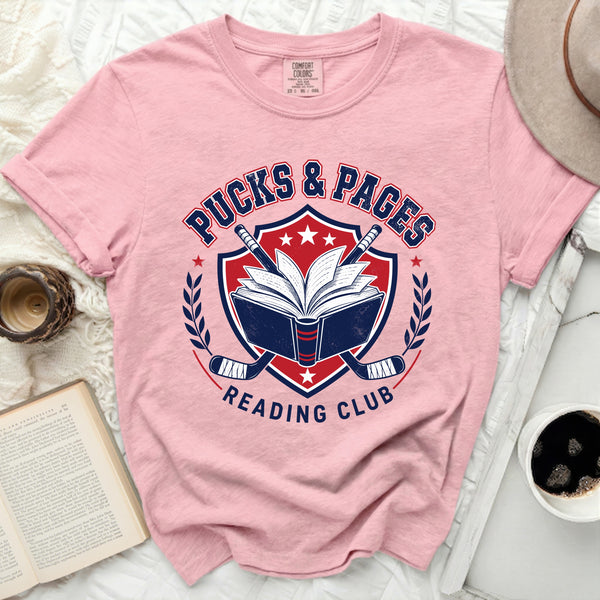 Pucks & Pages Reading Club Hockey Tee in Blossom