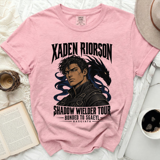 Pink t-shirt with Xaden Riorson, Shadow Wielder Tour, and Basgiath graphics.