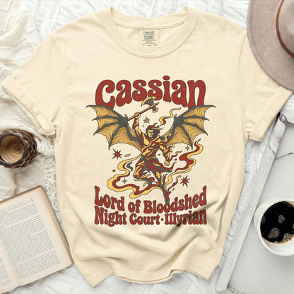 Cream t-shirt with "Cassian Lord of Bloodshed Night Court Illyrian" graphic.