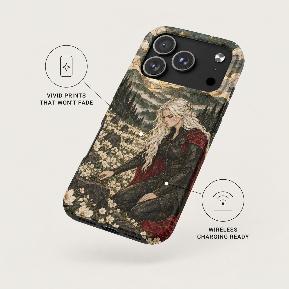 A smartphone case featuring a fantasy illustration of a blonde woman in a field, with feature callouts for vivid prints and wireless charging.