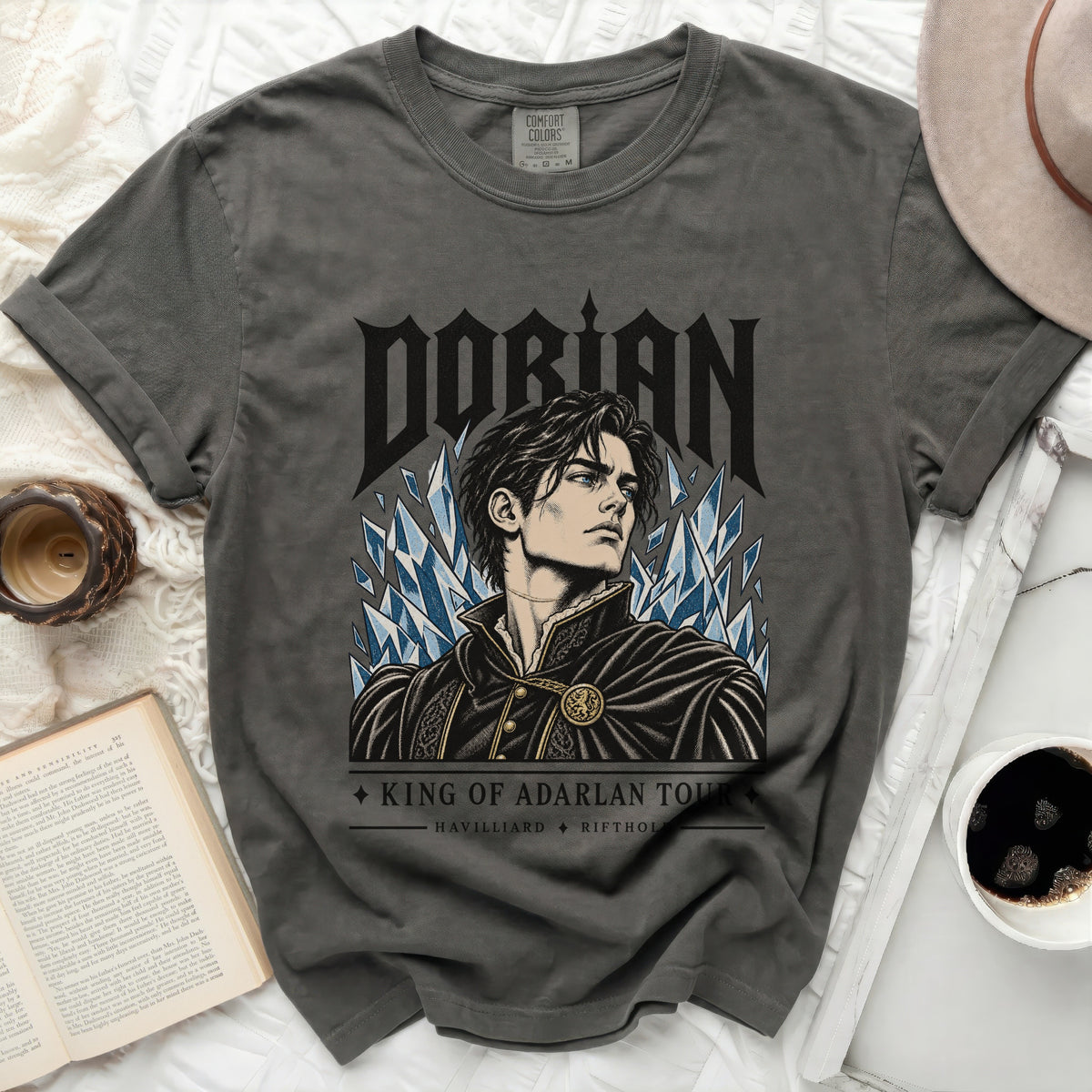 Dark grey t-shirt with a Dorian King of Adarlan Tour graphic featuring a man.