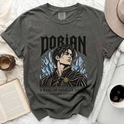 Dark grey t-shirt with a Dorian King of Adarlan Tour graphic featuring a man.