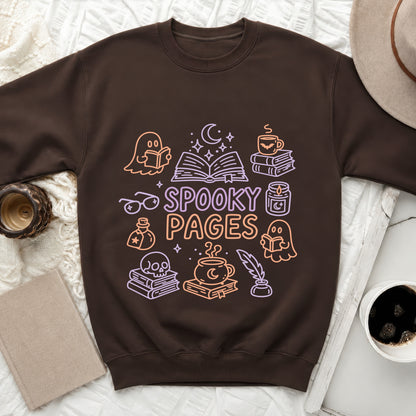 Brown sweatshirt with "Spooky Pages" graphic featuring books, ghosts, and fall themes.