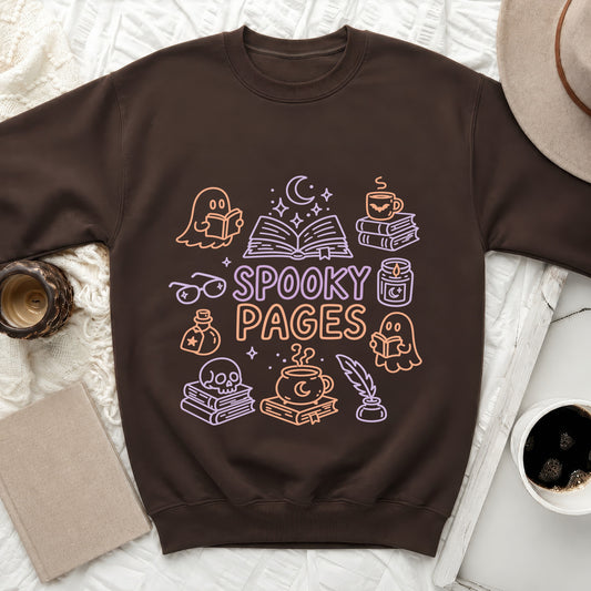 Brown sweatshirt with "Spooky Pages" graphic featuring books, ghosts, and fall themes.