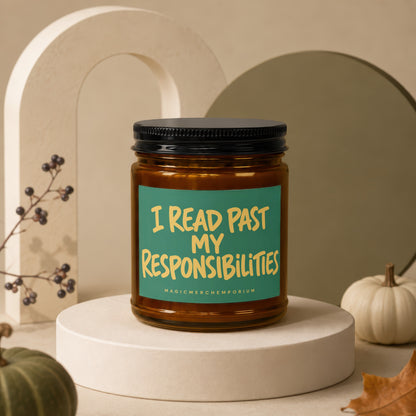 Amber jar candle with black lid displaying "I READ PAST MY RESPONSIBILITIES" text.