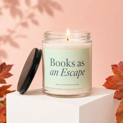 Candle with light, "Books as an Escape" text, and black lid on cube.