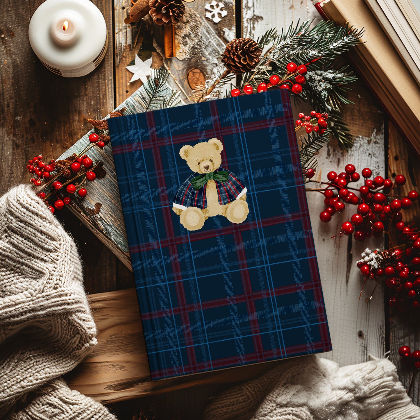 Cute Teddy Bear Blue and Red Plaid Pattern Notebook
