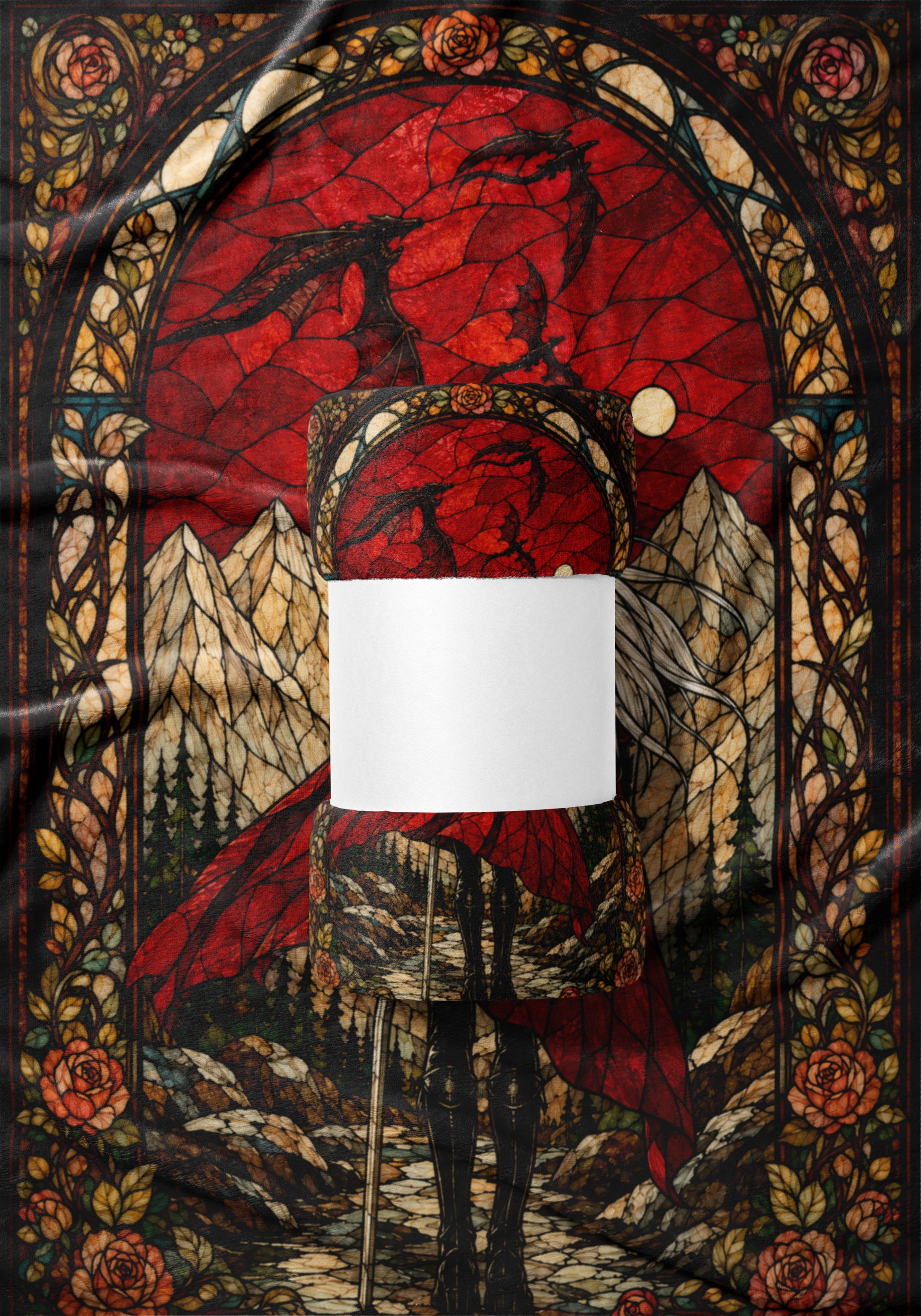 Stained glass style art with a knight, red dragon, and mountains.