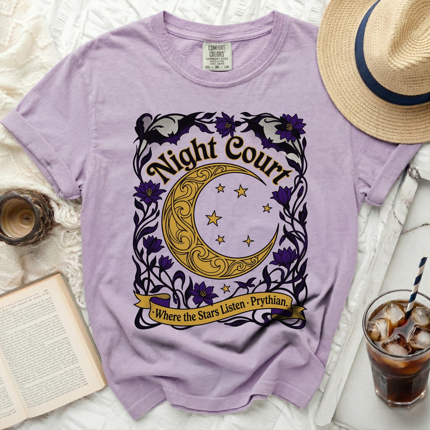 Lilac t-shirt with "Night Court" and "Where the Stars Listen" graphic.