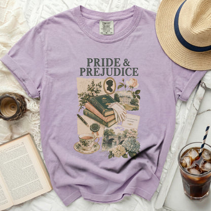 Lavender Comfort Colors shirt with "Pride & Prejudice" and vintage collage graphic.