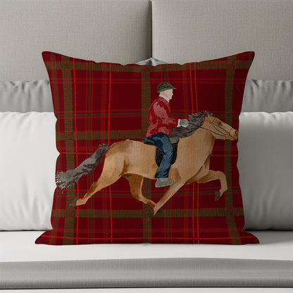 Equestrian Throw Pillow with Red Plaid Accent
