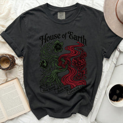 Dark t-shirt with "House of Earth and Blood" and "Crescent City" text design.