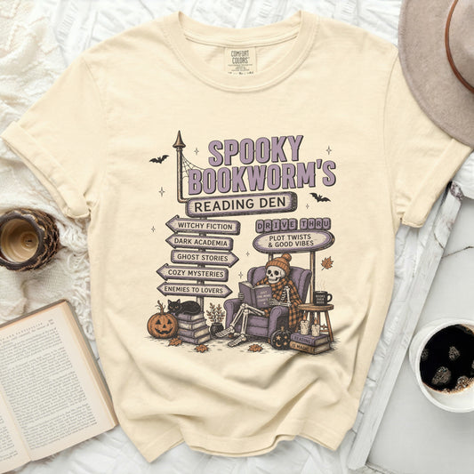 T-shirt with "Spooky Bookworm's Reading Den" and genre signposts.