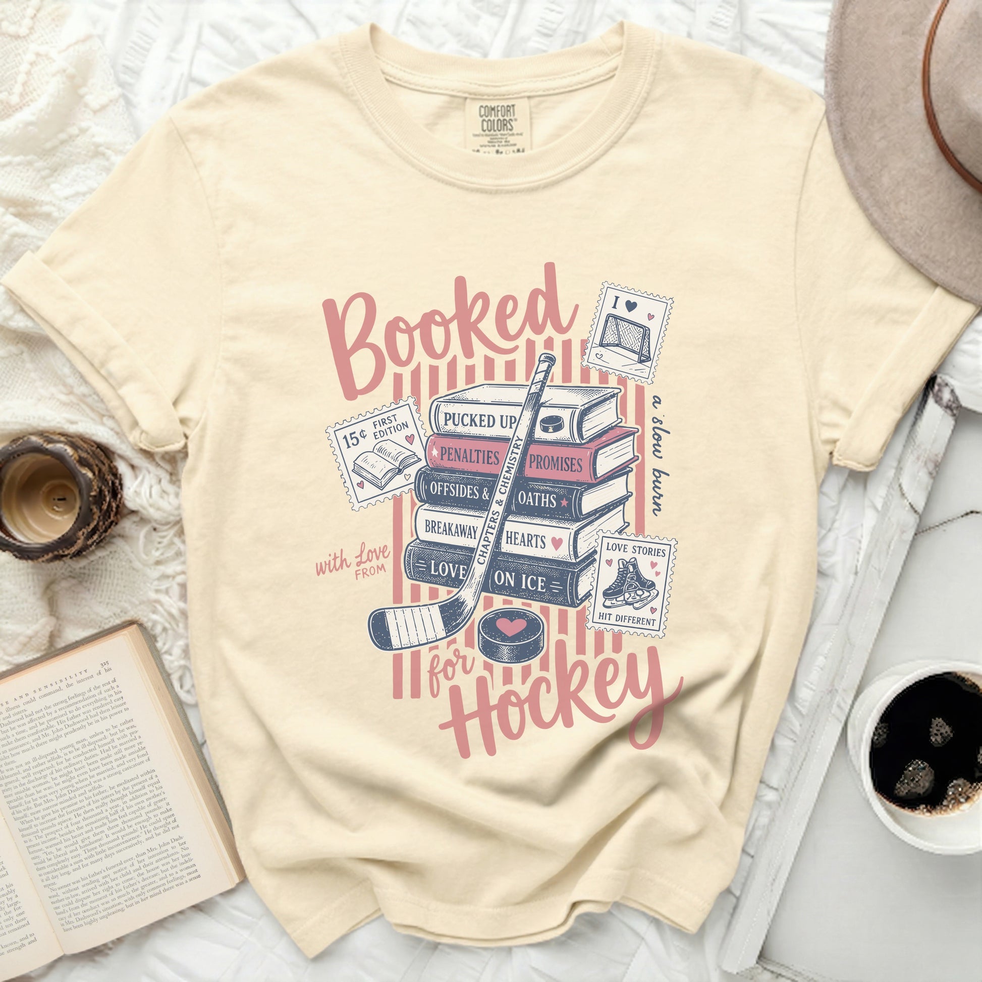 "Booked for Hockey" graphic with hockey stick, puck, and vintage stamps.