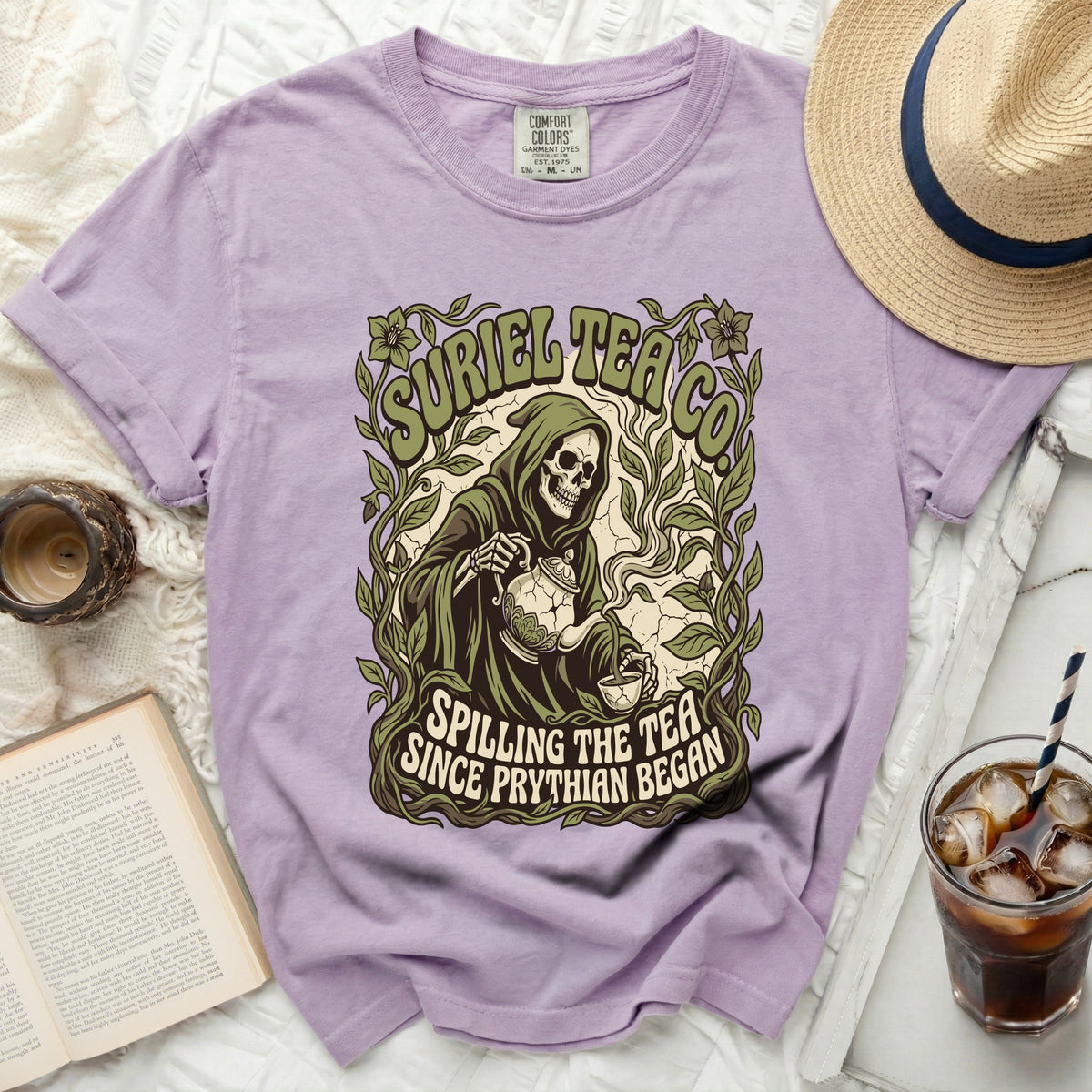 Suriel Tea Co. t-shirt with a grim reaper graphic and text.