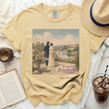 Yellow Comfort Colors shirt with "Greetings from Pemberley" graphic.