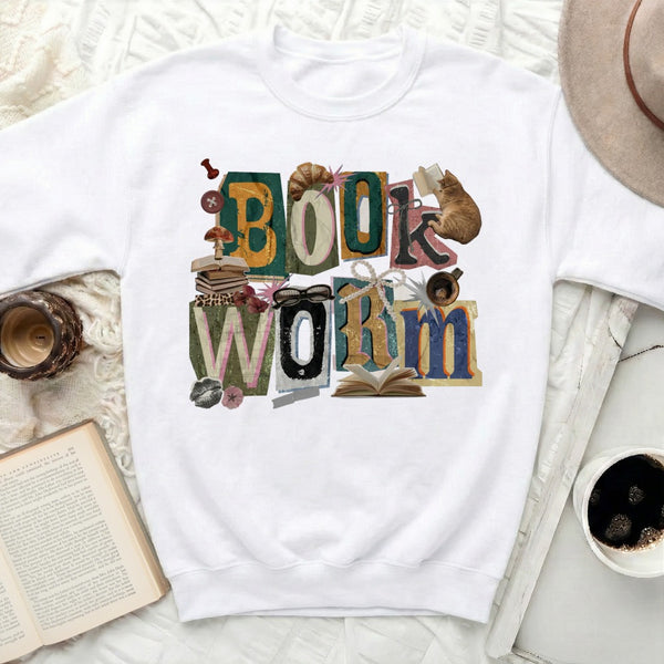 Book Worm Collage Sweatshirt in White