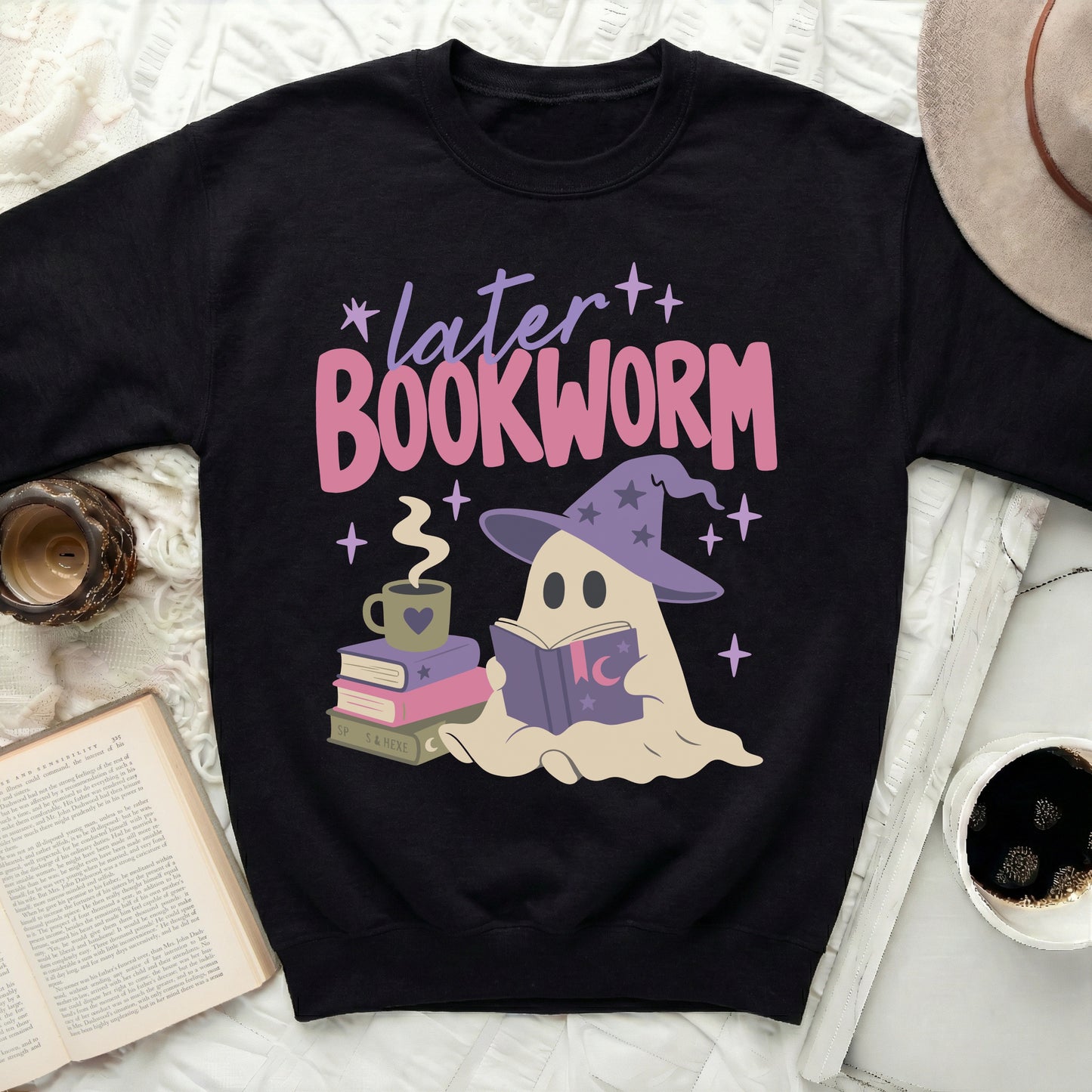 Black sweatshirt with "later BOOKWORM" graphic and a ghost reading.