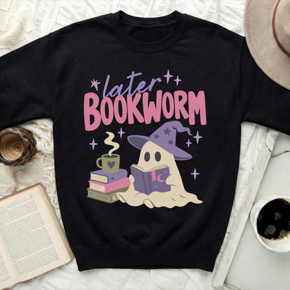 Black sweatshirt with "later BOOKWORM" graphic and a ghost reading.