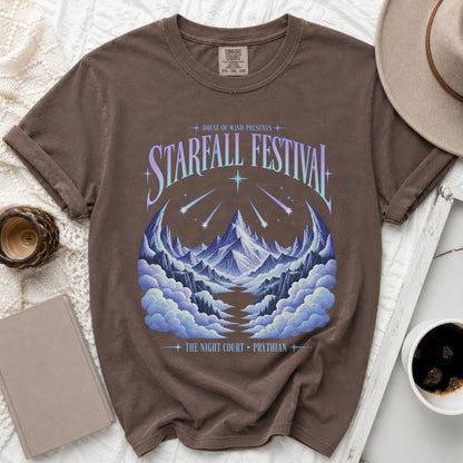 Brown t-shirt with "Starfall Festival" and mountain landscape graphic.