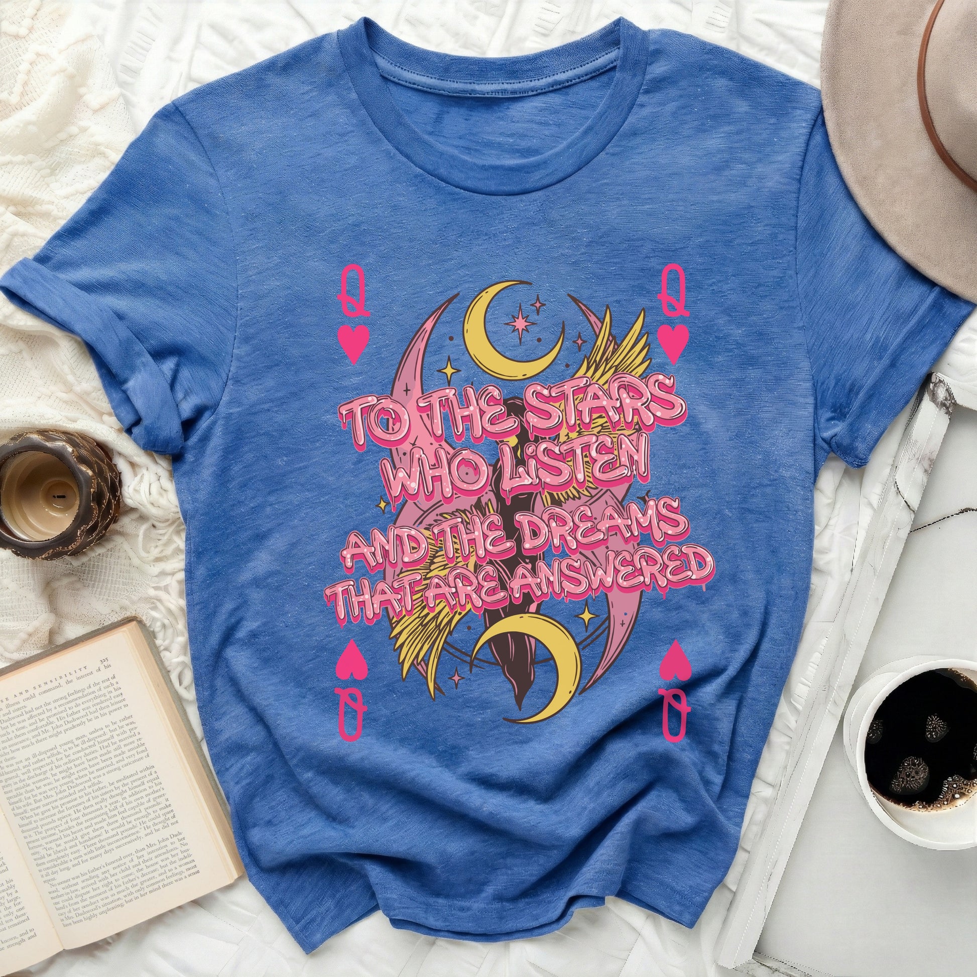 Stars Who Listen Dreams That Answered product type
Stars Quote Shirt, Dreams Answered Tee, Celestial Moon Design, Winged Fantasy Top, Queen Hearts Graphic, Playing Card Symbol, Magical Dreams Shirt, Inspirational Quote, Cosmic Aesthetic, Blue Graphic Tee, Pink Gold Print, Listener Dreams, Unique Statement, Mystical Apparel, Fantasy Lover Gift, Spiritual Journey, Night Sky Art, Boho Style Tee, Vintage Inspired, Gift For Her