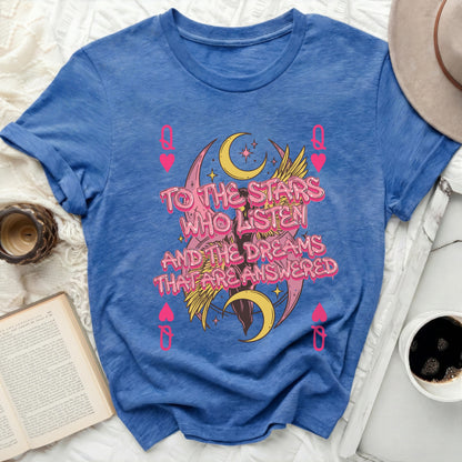 Stars Who Listen Dreams That Answered product type
Stars Quote Shirt, Dreams Answered Tee, Celestial Moon Design, Winged Fantasy Top, Queen Hearts Graphic, Playing Card Symbol, Magical Dreams Shirt, Inspirational Quote, Cosmic Aesthetic, Blue Graphic Tee, Pink Gold Print, Listener Dreams, Unique Statement, Mystical Apparel, Fantasy Lover Gift, Spiritual Journey, Night Sky Art, Boho Style Tee, Vintage Inspired, Gift For Her