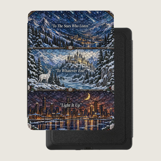Black e-reader inside a protective case featuring a stained glass design with three literary quotes.
