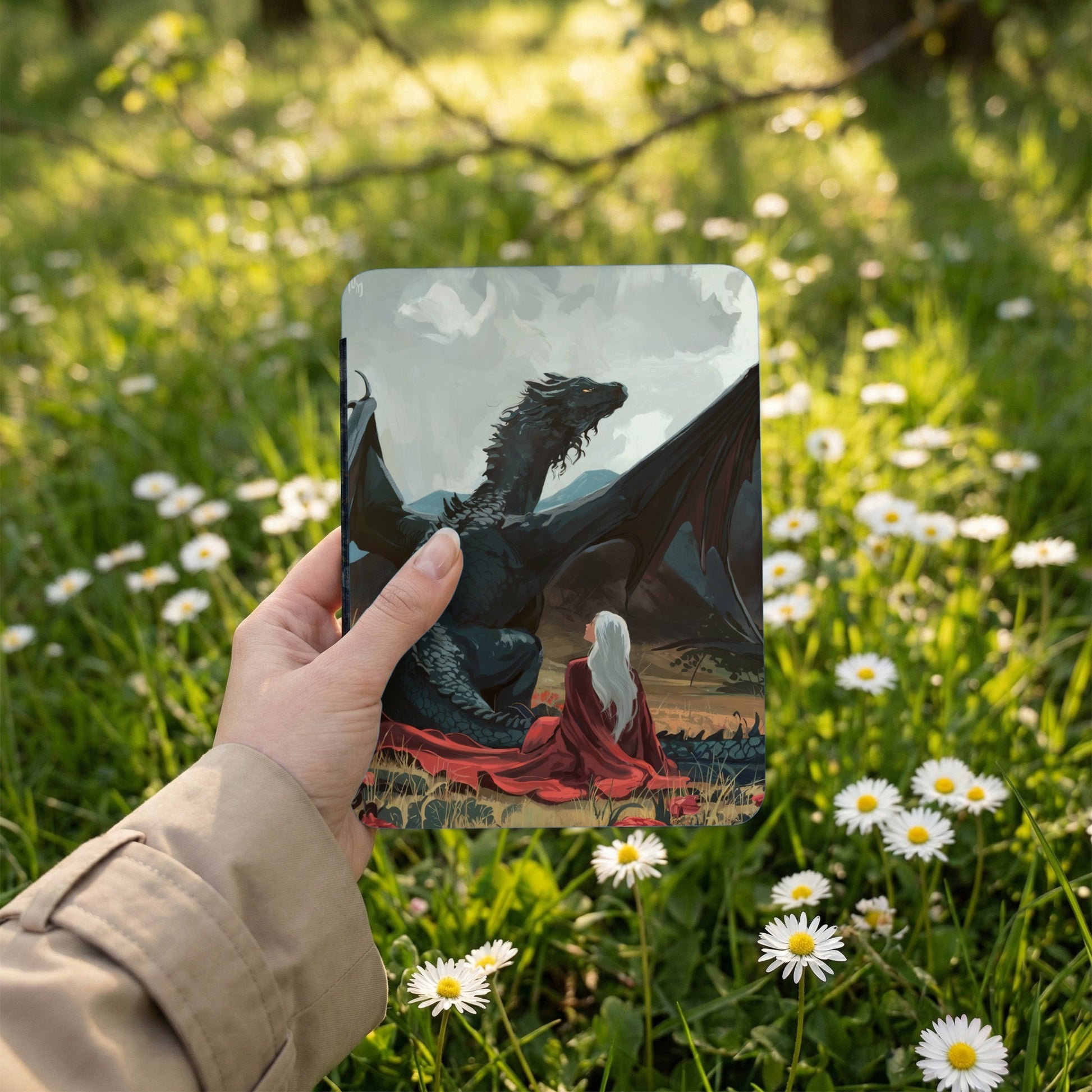 Black Dragon White Hair Woman Fantasy Art Scene product type