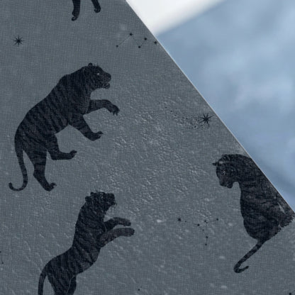 Black tigers and constellations scattered on a textured gray background.