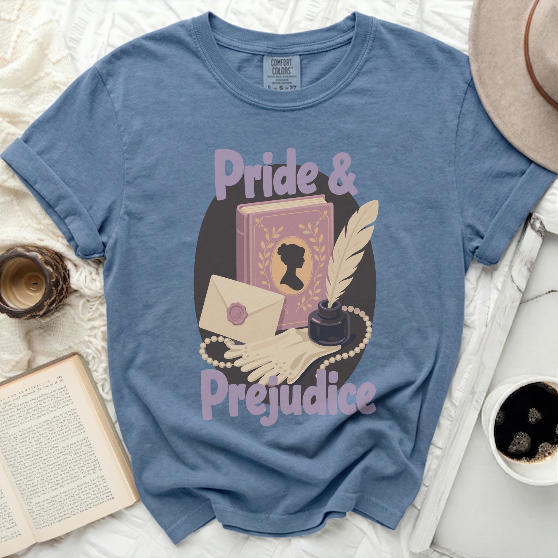 Pride & Prejudice t-shirt with literary artwork.