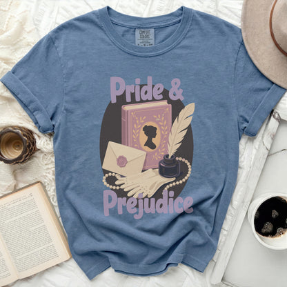 Pride & Prejudice t-shirt with literary artwork.