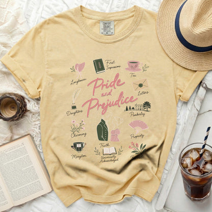 Yellow t-shirt with "Pride and Prejudice" and literary motifs.