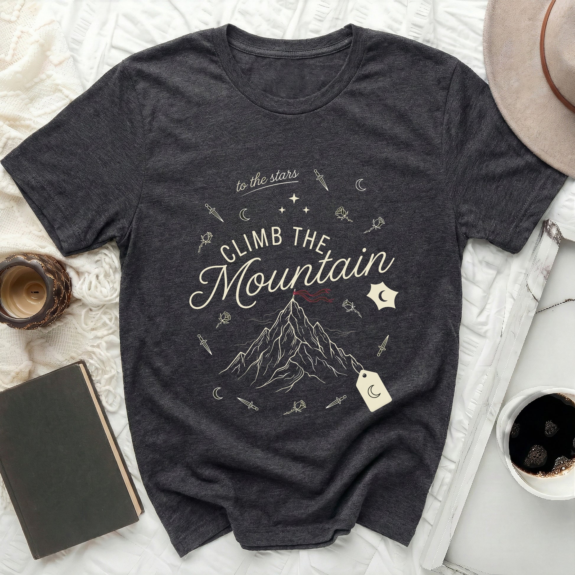 to the stars CLIMB THE Mountain Graphic T-Shirt product type
T-Shirt, Graphic Tee, Mountain, Climb, Stars, Moon, Roses, Daggers, Inspirational, Adventure, Outdoors, Nature, Celestial, Dark Gray, Apparel, Top, Motivational, Unique Design, Aesthetic, Indie
