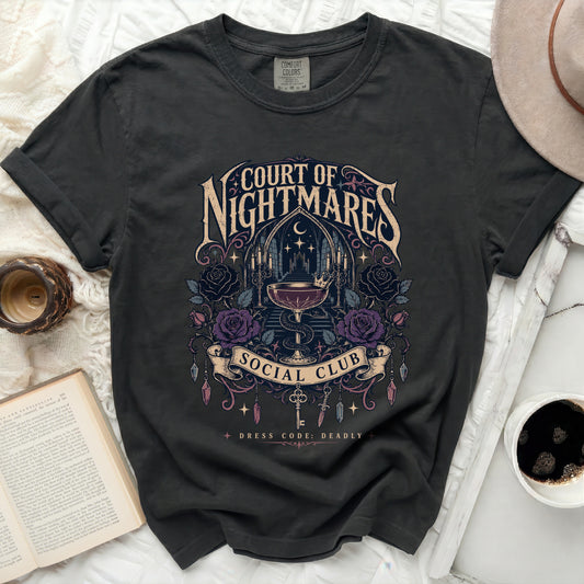 Court of Nightmares Social Club graphic tee with gothic imagery.