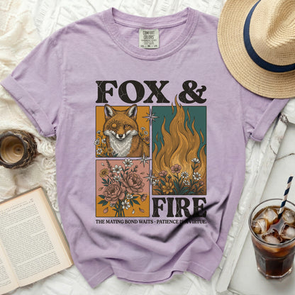 Purple t-shirt with "Fox & Fire" graphic and quote about patience.