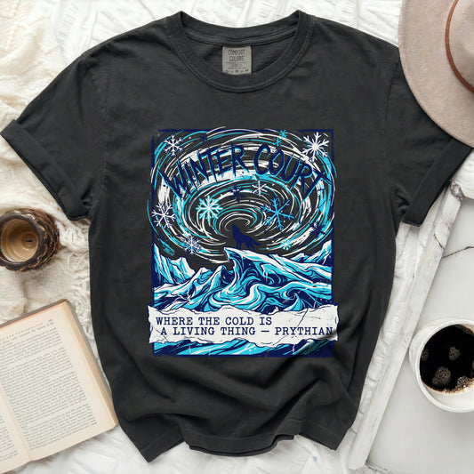 Dark t-shirt with "Winter Court" and "Where the cold is a living thing" text.