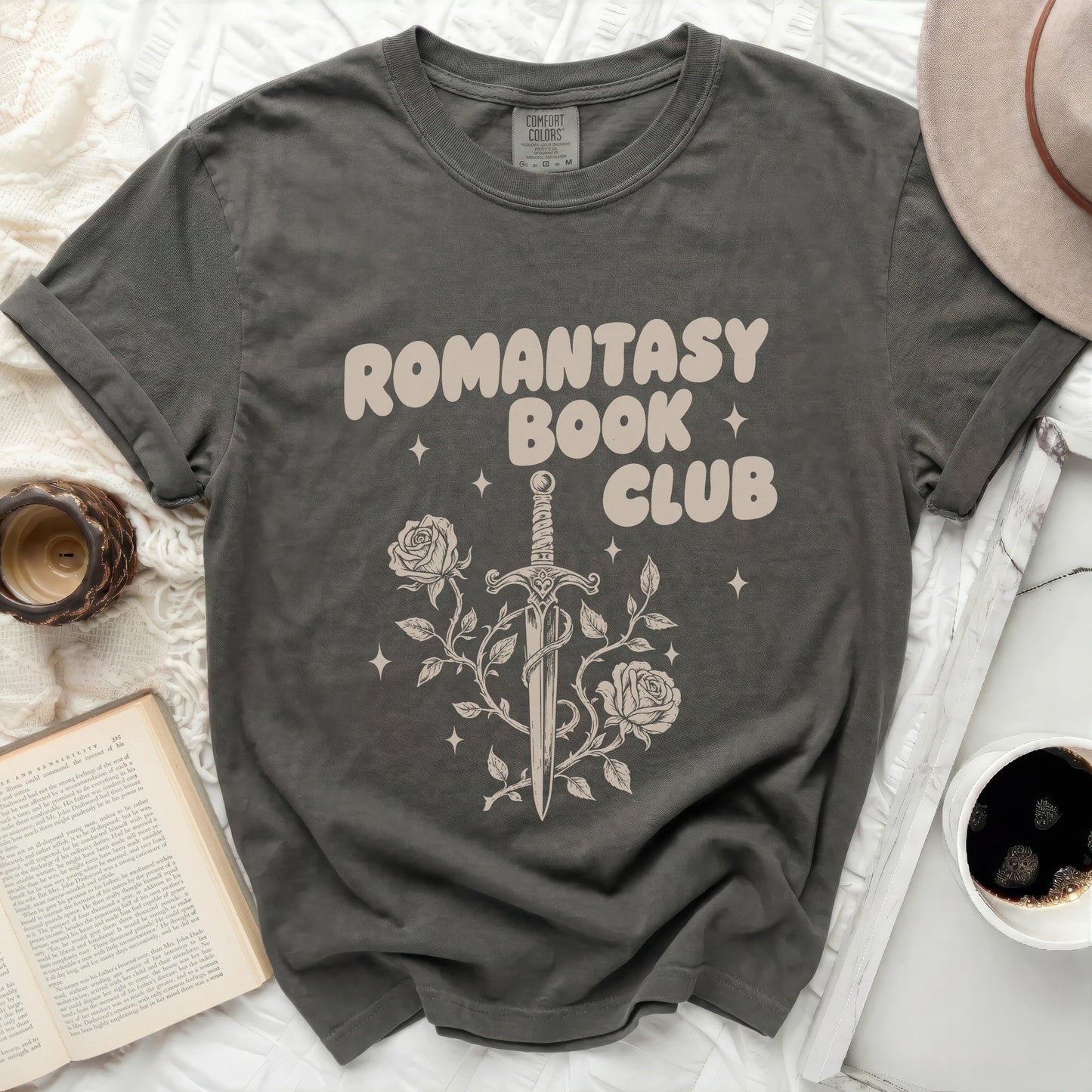 Grey t-shirt with "Romantasy Book Club" text and sword and roses design.