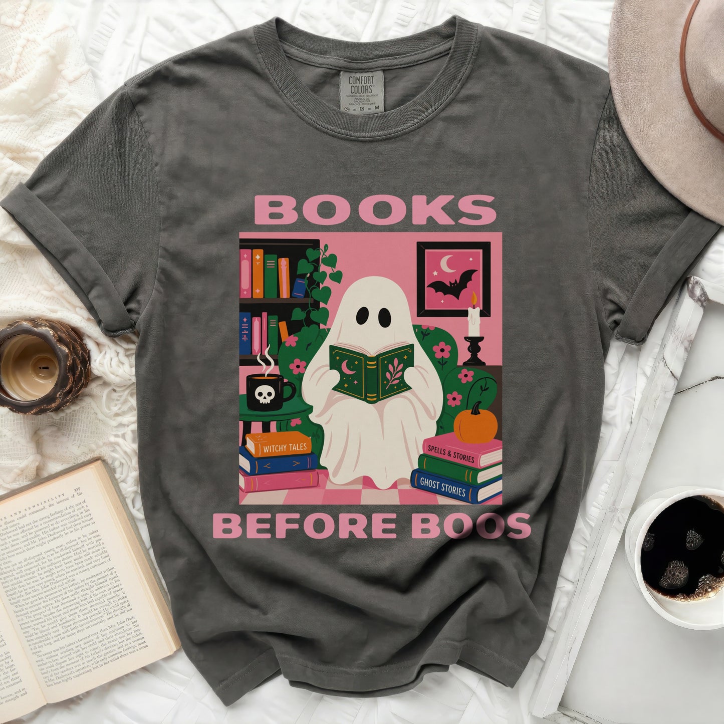 Ghost reading books with "Books Before Boos" text.