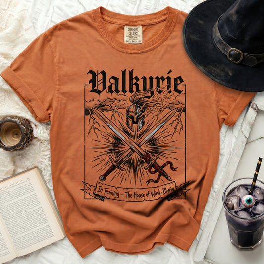 Orange t-shirt with black Valkyrie graphic and "In Training - The House of Wind - Illyria" text.