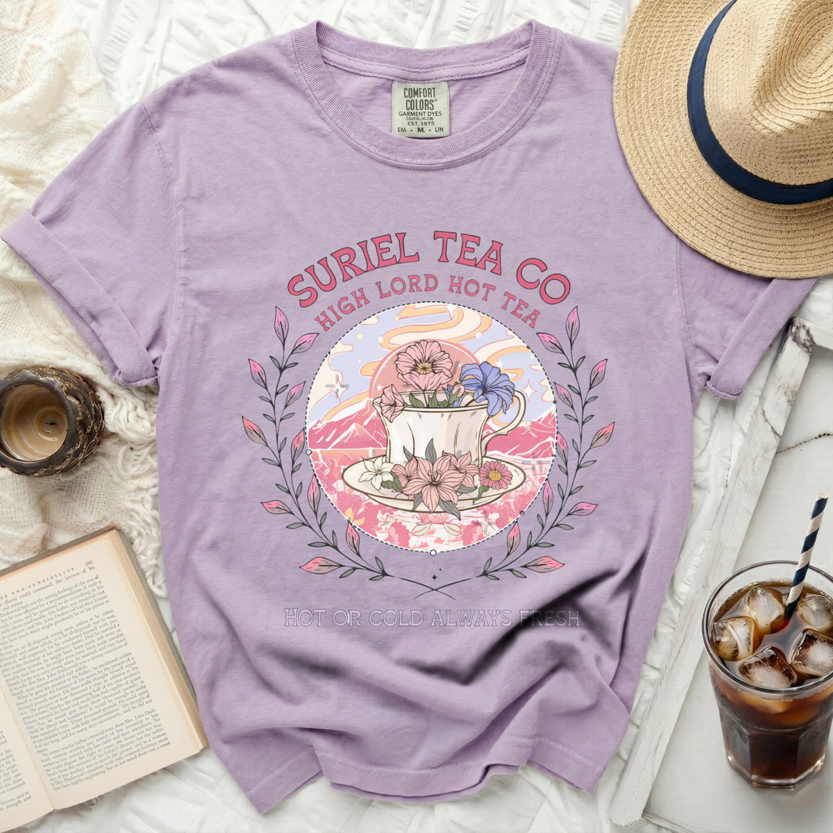 Purple t-shirt with "Suriel Tea Co" and "High Lord Hot Tea" graphic.