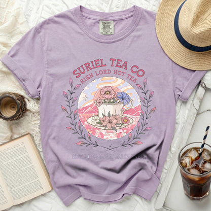 Purple t-shirt with "Suriel Tea Co" and "High Lord Hot Tea" graphic.
