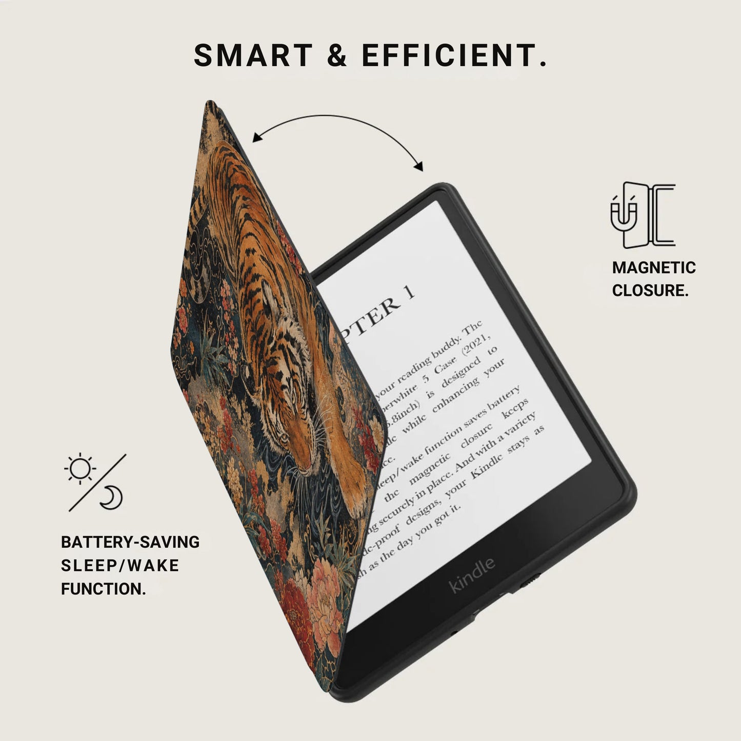 Kindle e-reader with tiger floral case, magnetic closure, battery saving function.